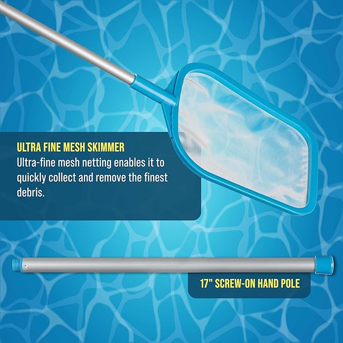 U.S. Pool Supply Pool Skimmer Net with Pole, Handheld Ultra Fine Mesh Pool Skimmer Net - Hand Held Spa, Hot Tub, Pond Cleaning - 17" Pole, Leaf Netting, Scoop Skim Leaves & Debris, Clean Water Surface