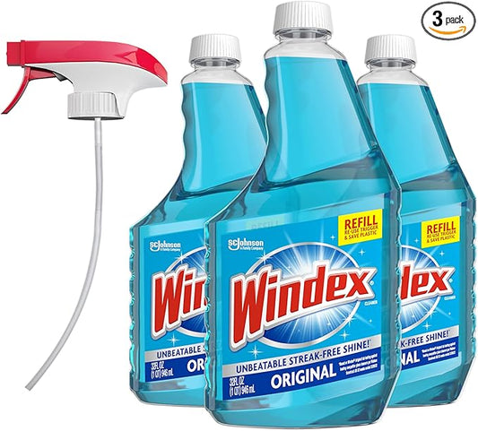 Windex Refill Original Blue Glass and Window Cleaner Bottles + 1 Reusable Spray Trigger, Surface Cleaning Spray, Original Blue Scent, 32 Fl Oz (Pack of 3)