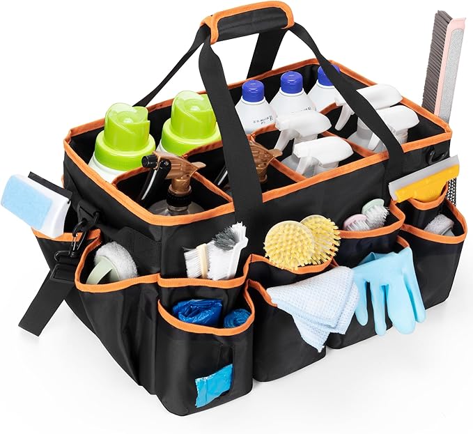 HODRANT Extra-large Wearable Cleaning Caddy, Organizer Bag for Housekeeper with Pad, Handle & Divider, Car Wash Tools Bag for Detailing Supplies, Orange Edge