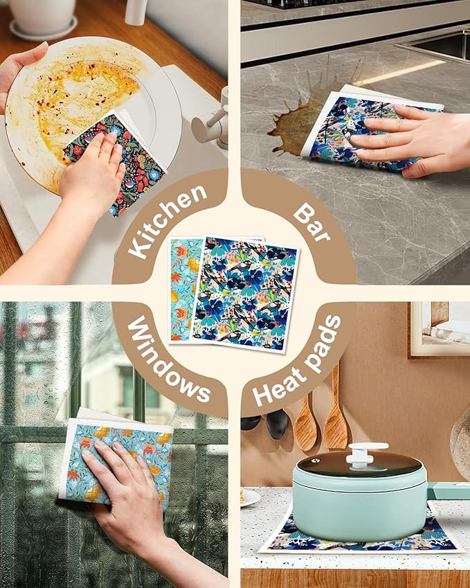 Miss Adola Kitchen Swedish Dishcloths with Hooks - 6 Pack Reusable Dish Cloths for Washing Dishes Fast Drying Cute Fun Swedish Dish Towels Washable Cleaning Sponge, Full Blown Flowers