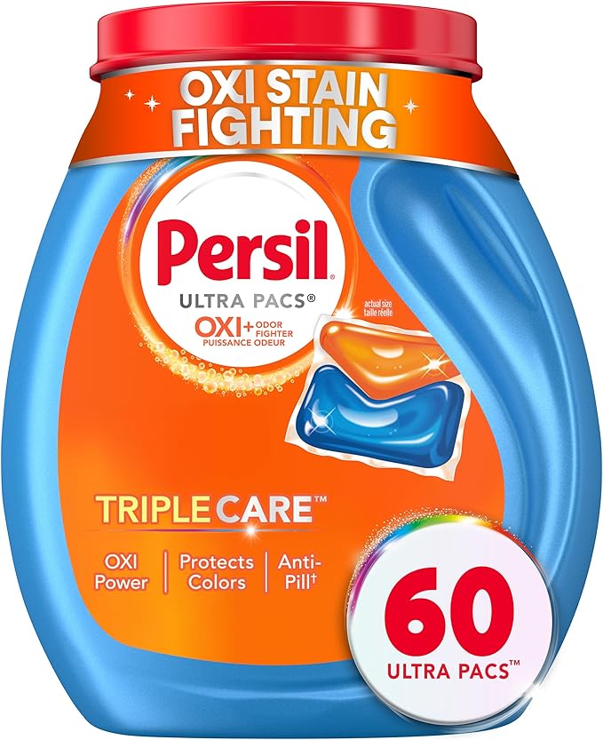 Persil Ultra Pacs Advanced Clean Oxi+Odor Power Laundry Detergent, 60 Count, No Mess, Single-Dose Laundry Soap, Fights Tough Stains & Odors, All Water Temperatures, HE Safe