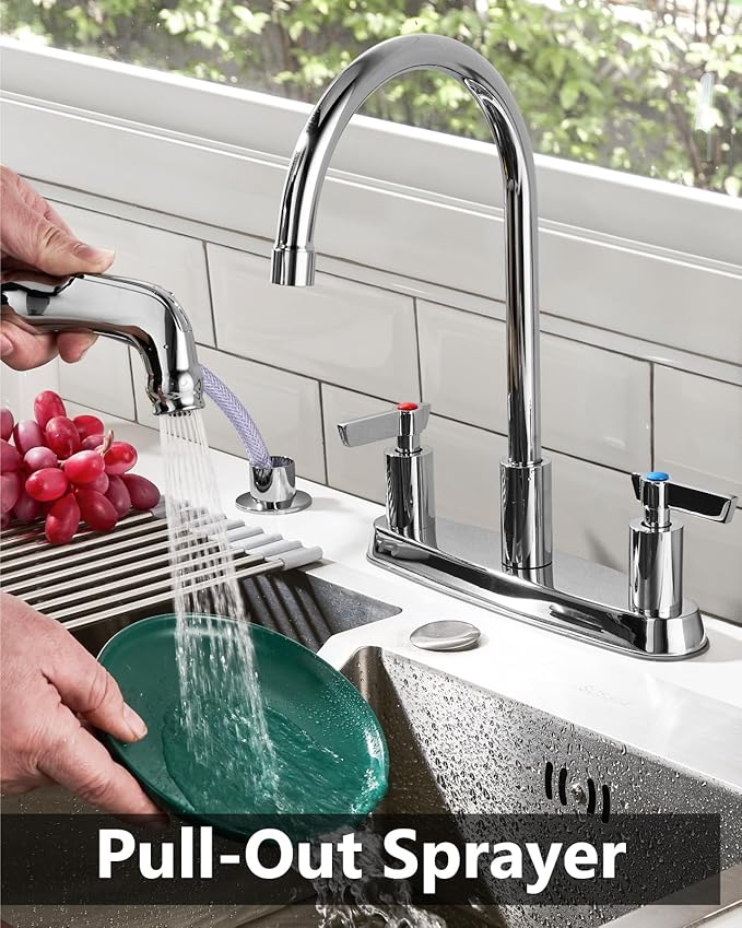 Kitchen Faucet with Sprayer 2 Handle Kitchen Sink Faucets 8 Inch Centerset 3 Hole with Supply Lines Polish Chrome