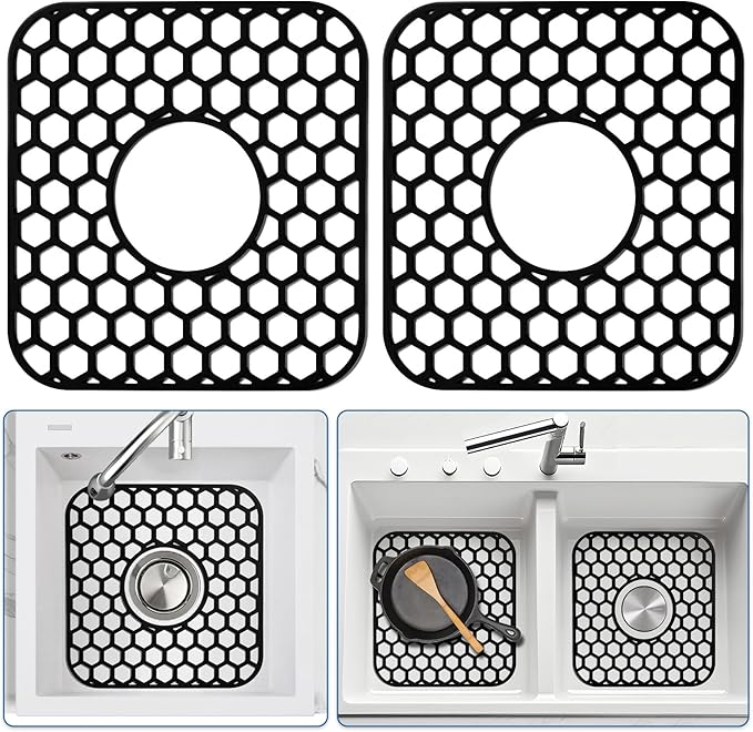 2 Pack Silicone Sink Protectors for Kitchen Sink - 12" x 11" Kitchen Grid Accessory, Non-Slip Heat-Resistant Mat for Bottom of Porcelain Stainless Steel, Dishwasher Safe (Black)