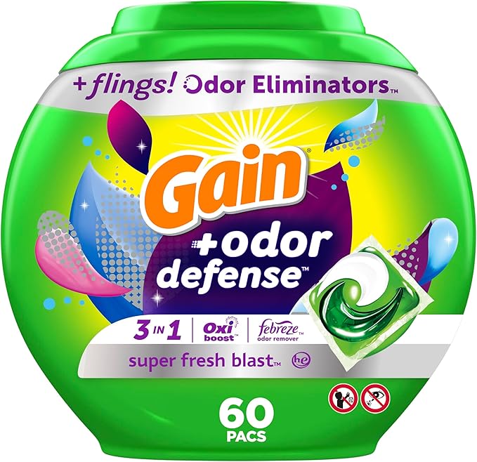 Gain Flings Laundry Detergent Pacs with Odor Defense, 60 Count, Super Fresh Blast Scent, HE 3in1 Detergent Pacs with Febreze and Oxi