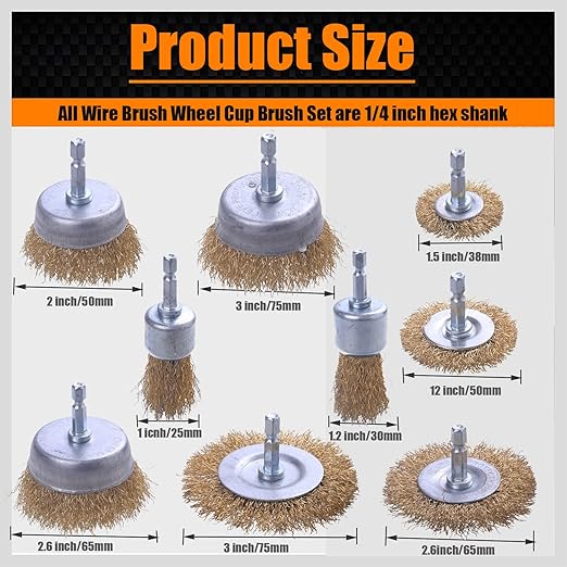 Wire Brush for Drill, 9 Pcs Brass Wire Wheel Brush for Drill, 1/4 Inch Hex Shank, Drill Wire Brush for Cleaning Rust, Stripping