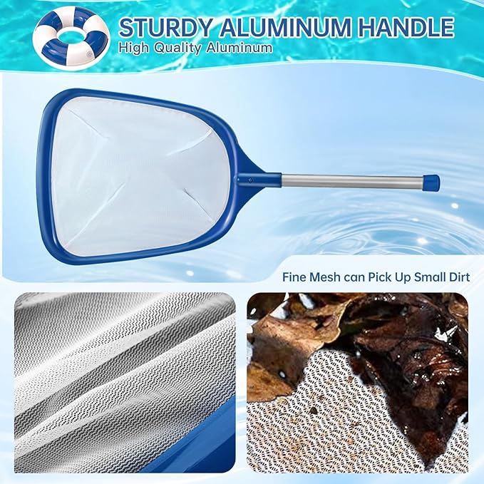 Pool Net, Professional Swimming Pool & Hot Tub Skimmer Net Accessories, Pool Leaf Rake Cleaning Tool with Pole, Fine Nylon Mesh Bag, Easy to Clean Bugs, Leaves,Debris（Blue&White）