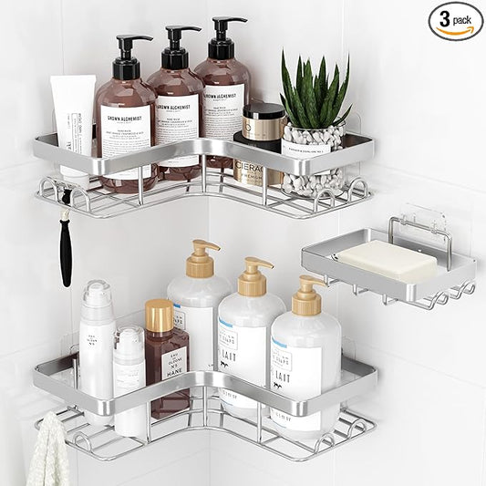 Corner Shower Caddy - 3-Pack Shower Organizer with Soap Holder & Built-In Hooks, Rustproof Metal Shower Shelves, Laundry, Kitchen, Bathroom Organizers and Storage Solution, Large, Silver