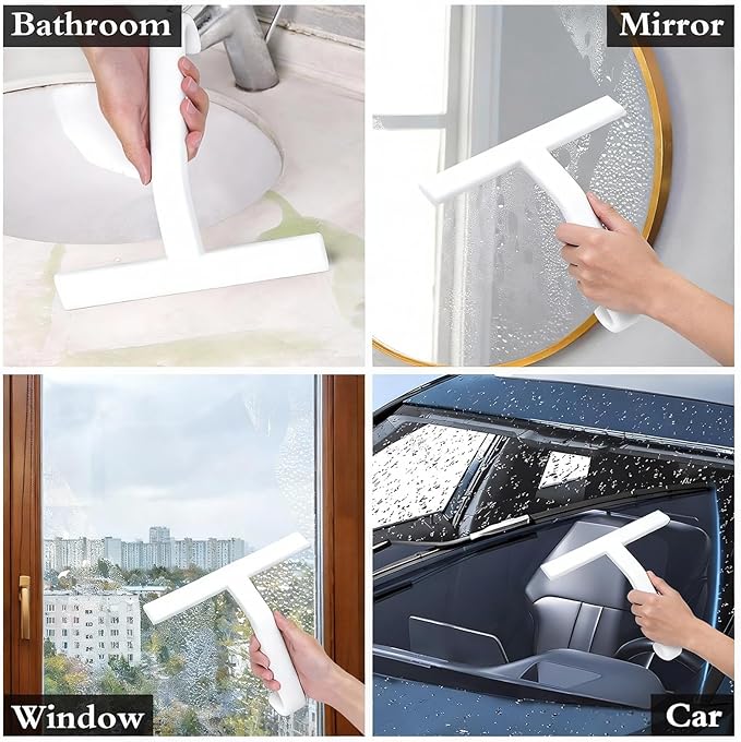 Shower Squeegee for Glass Doors - Squeegee for Shower Glass - All-One-Piece Silicone Cleaner with Built-in Hook for Bathroom, Glass, Mirror, Tile, Car & Kitchen (White)
