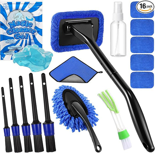 16 Pcs Windshield Cleaner Tool, Car Cleaning Kit with Various Detailing Brushes Set Spray Bottle Cleaner Towel Cleaning Gel Accessories Car Interior Detailing Kit for Windows Vents(Blue)