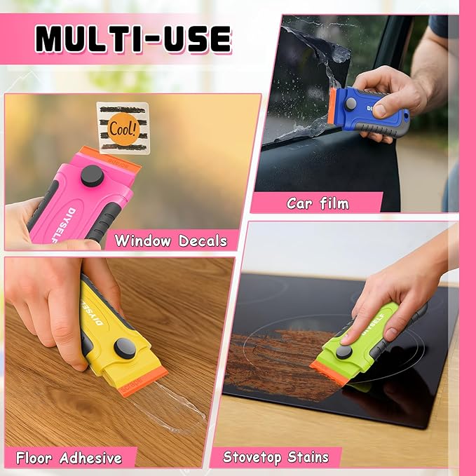DIYSELF 2 Pcs Plastic Razor Blade Scraper with 10 Pcs Blades, Plastic Scraper Tool for Adhesive Remover, Scrapers for Cleaning Stickers, Decals, Glass, Windows, Car, No Scratches (Grey)