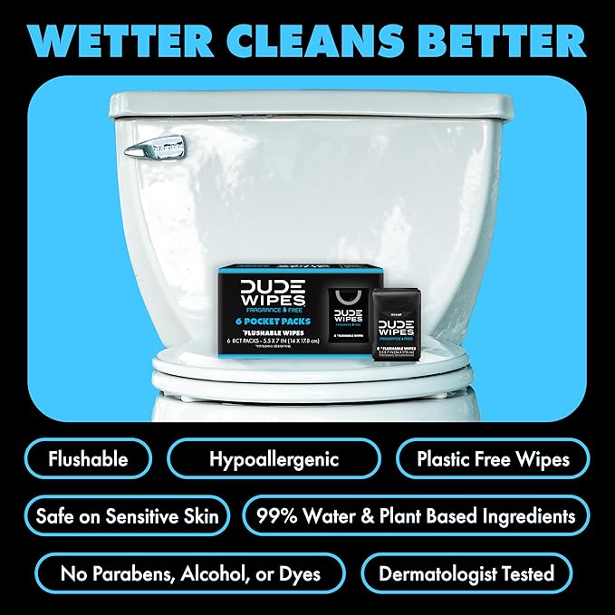 DUDE Wipes Unscented Pocket Packs - Travel Wipes - 12 Packs of 8 (96 Count) - On-The-Go Adult Flushable Wipes for Sensitive Skin - Infused with Vitamin E and Aloe - Septic and Sewer Safe