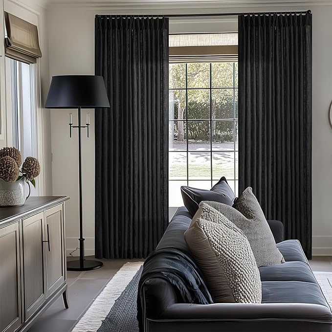 Pinch Pleated Black Linen Curtains 96 Inches Long for Living Room Bedroom Light Filtering Boho Window Drape 96 Inch 2 Panels with Hooks Rings 8ft Black Sliding Glass Door Semi Sheer Curtain