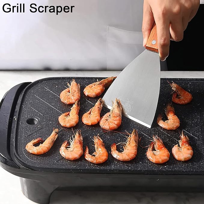 Premium Stainless Steel Slant Edge Grill Scrapers Wood Handle for Barbecue Cooking 2 Pack