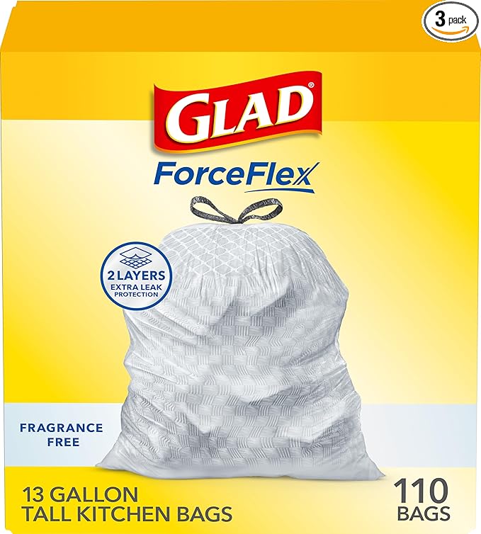 Glad ForceFlex Tall Kitchen Drawstring Trash Bags,13 Gal,Fragrance Free,110 Ct (Package May Vary),(Pack of 3)