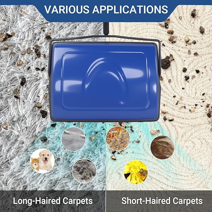 EZ SPARES Horsehair Carpet Sweeper Cleaner-5FT with Extension Pole for Any Height,Natural Water-Absorbent Horsehair Brush for Wet&Dry Spills, Soft on Carpet&Hardwood, Pet Hair Cleaner for Home(Blue)