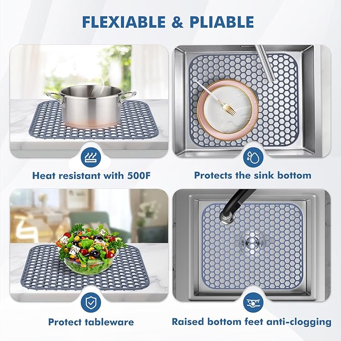 Silicone Kitchen Sink Protector Mat 13.7"x 11.7" - Kitchen Sink Grid Accessory, Non-Slip Heat Resistant Grid Dry Mat for Bottom of Porcelain Stainless Steel, Dishwasher Safe