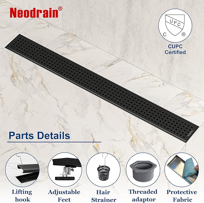 Neodrain 24-Inch Black Linear Shower Drain with Removable Quadrato Pattern Grate, 304 Stainless Steel Rectangle Shower Floor Drain, Linear Drain with Leveling Feet, Hair Strainer, Matte Black