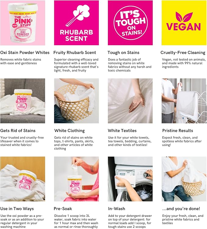 Stardrops - The Pink Stuff - The Miracle Laundry Oxi Powder Stain Remover Specifically Formulated for Whites, 1 kg