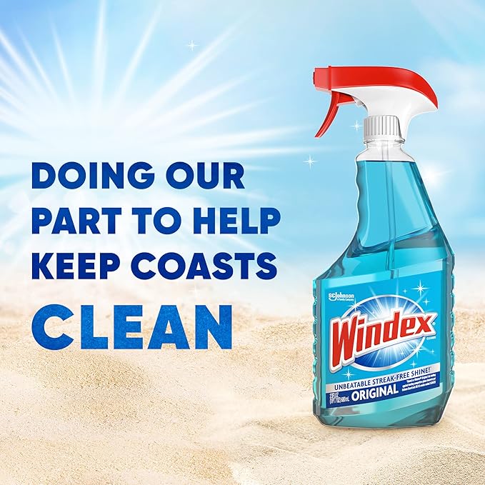 Windex Glass Cleaner Spray Refill, Original Blue Window Cleaner Works on Smudges and Fingerprints, Bottle Made of 100% Recovered Coastal Plastic, 2L (Pack of 2)