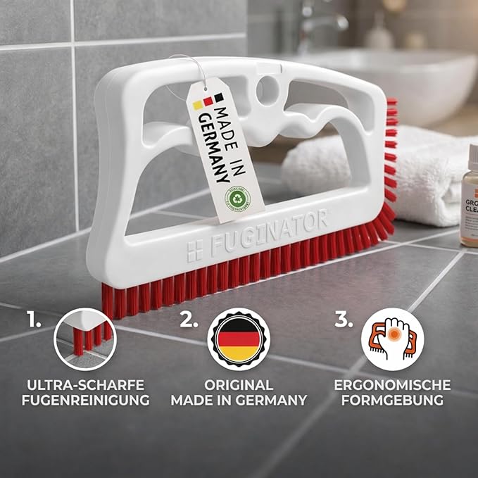 FUGINATOR® Grout Brush White/Red - Ergonomic Heavy Duty Cleaning Brush for Bathroom, Shower & Kitchen - Deep Detail Scrubber for Wall & Floor Tiles, Crevices & Tight Spaces - Made in Germany