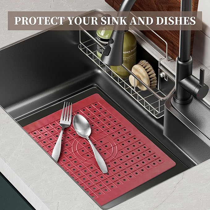 WILLKOMMEN Kitchen Sink Mat, 12" x 10" Rectangular Sink Protector Pad, Fast-Draining Grid Design Liner, Dish Drying Mat 2 Pack Red