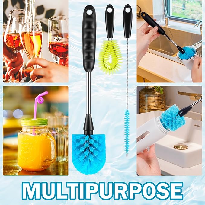 12.2 inch Bottle Brush Set of Three，Washable Coffee Cups, Water Bottles, Baby Bottles, Straws, to-go Cups, Long-Handled 3-in-1 Stainless Steel Bottle Brushes. (Yellow)