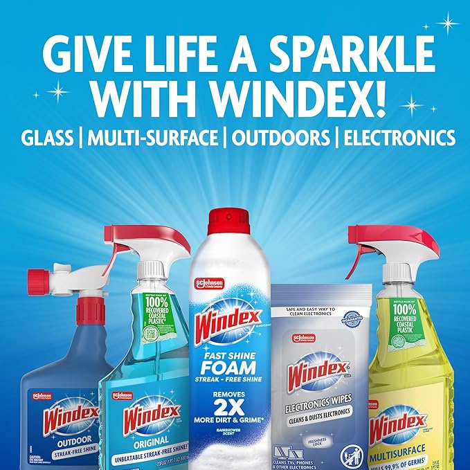 Windex Refill Glass and Window Cleaner Bottle, Bottle Made from 100% Recycled Plastic, Surface Cleaning Spray, Original Blue Scent, 2L (67.6 Fl Oz)