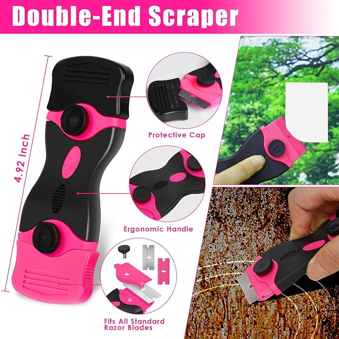 Razor Blade Scraper Tool, 3Pcs Pink Razor Scrapers with 15pcs Metal and 30pcs Plastic Blades, Scraper Tool for Cleaning Paint, Decals, Adhesive, Caulk, Stickers, Glass, Labels, Window, Stovetop