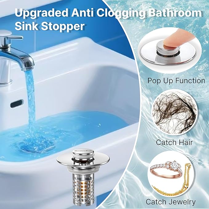 (2PCS) Bathroom Sink Drain Strainer, Stainless Steel Pop-up Strainer Basket Hair Catcher with Removable Basket, Brass Bullet Core, Universal Fit 1.1-2.36 Inch