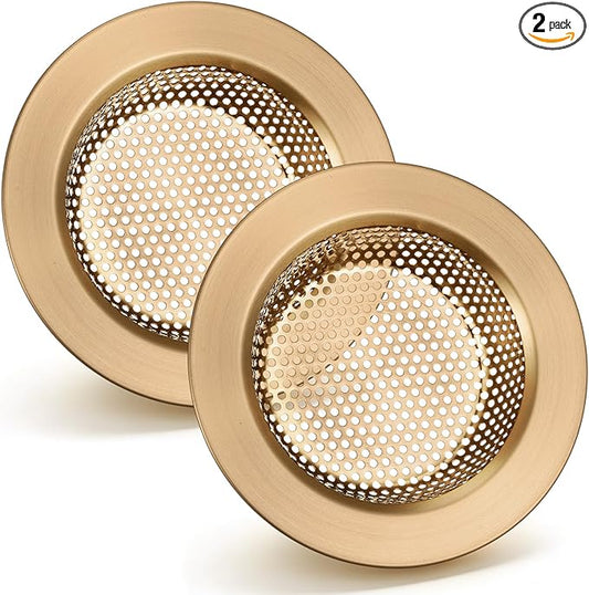 Retisee 2 Pcs Sink Strainer Stainless Steel Kitchen Sink Drain Strainer Basket Cover Mesh Hair Food Catcher, Large Wide Rim of 4.4 Diameter (Champagne Bronze)