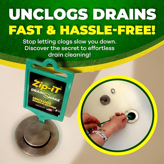 Zip-It Hair Drain Clog Remover, 25-inch Unclogger Tool for Shower, Tub & Sink - Reusable Snake Drain Hair Removal Tool, Flexible Non-toxic - Green (1-Pack)