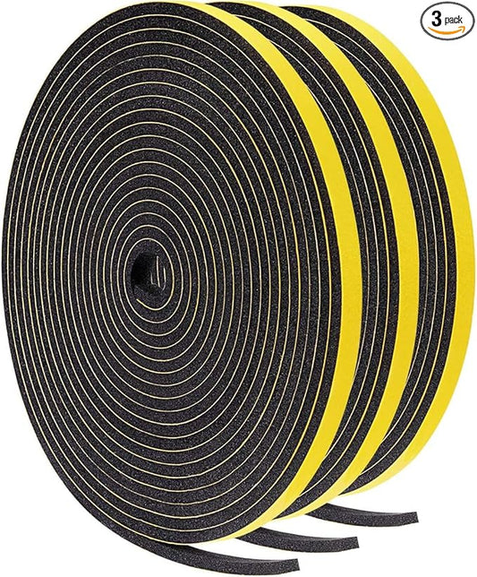 TORRAMI Foam Weather Stripping 1/4" W X 1/4" T, Foam Tape Insulation Soundproofing Strips Tape Gasket Seal for Sliding Door Frame and Window, Door Jamb, Total 30 Ft (3 X 10 Ft Each)