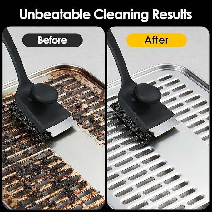 Bristle Free Silicone Grill Brush | BBQ Grill Cleaner for Gas Charcoal Cast Iron Grates | No Wire Food Safe Brush with Detachable Heads, Scraper & Collapsible Water Cup for Outdoor Camping BBQ