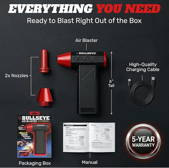 BULLSEYE Blaster 130000 RPM Electric Air Duster, Rechargeable Cordless Compressed Air Blower for Computer Cleaning, Keyboard, Electronics, Car Detailing, 3 Speed Turbo, 2 Nozzles – As Seen on TV
