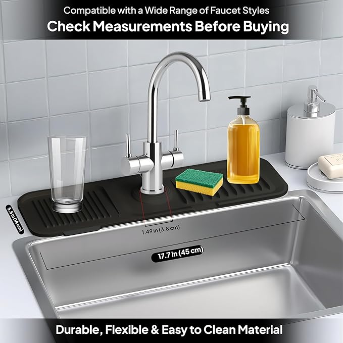 Premium 17 Inch Faucet Mat Guard for Sink Area Durable Silicone Splash Mat Multi-Use Water Catcher Tray Fast Drying Draining Protector (Black)