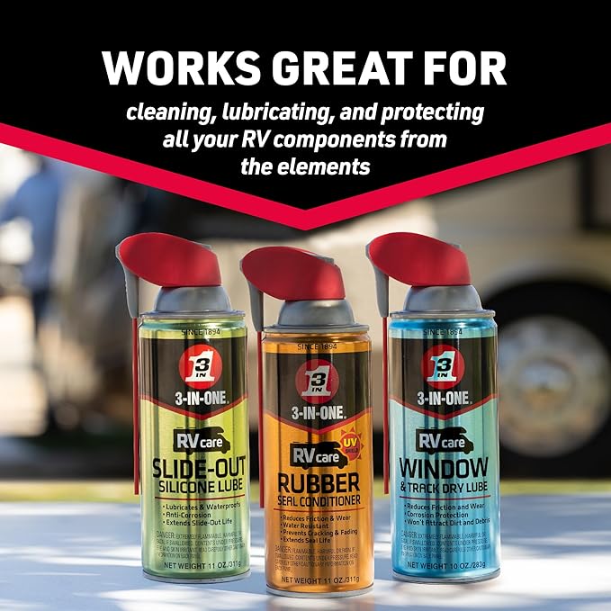 3-IN-ONE RV Care Trio Pack Includes Slide Out Lube 11 oz, Window & Track Lube 10 oz and Rubber Seal Conditioner 11oz.