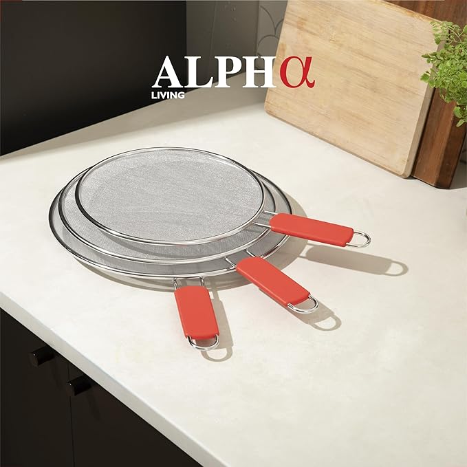 Alpha Living 60134ST Set of 3 Splatter Screens – 13", 11.5", and 9.5" Stainless Steel Fine Mesh, Comfort Grip Handles – Grease & Oil Guard for Frying Pans, Boiling Pots, Safe Cooking Lid Set of 3