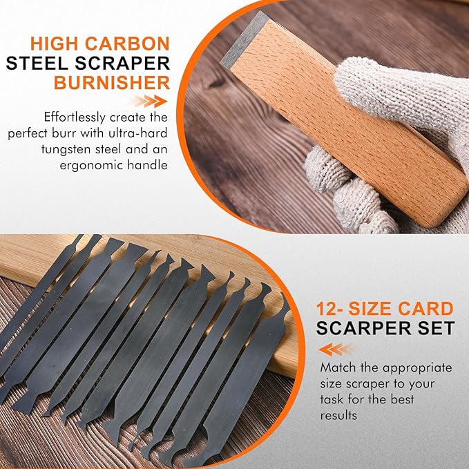 12-Piece Cabinet Scraper Set with Burnisher, 2 Rectangle Wood Scraper, Multi-Shaped Card Scrapers for Woodworking, Precision Wood Scraper Kit for Fine Finishing & Shape Shaping
