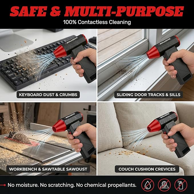 BULLSEYE Blaster 130000 RPM Electric Air Duster, Rechargeable Cordless Compressed Air Blower for Computer Cleaning, Keyboard, Electronics, Car Detailing, 3 Speed Turbo, 2 Nozzles – As Seen on TV