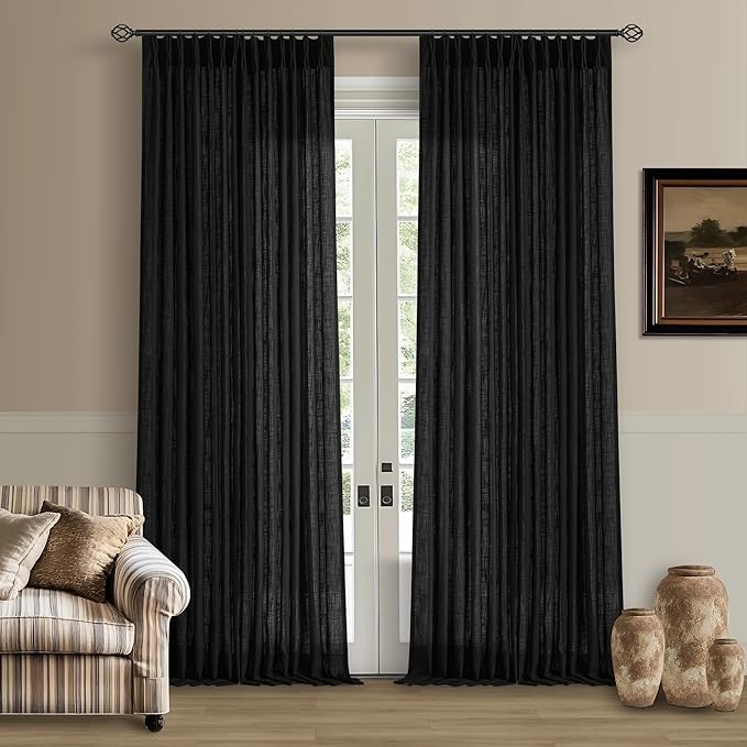 Linen Curtains 108 Inches Long 2 Panels Set for Living Room Farmhouse Boho Linen Textured Pinch Pleated Memory Shape Light Filtering Ceiling Semi Sheer 108 Inch Window Curtain with Hook Rings Black