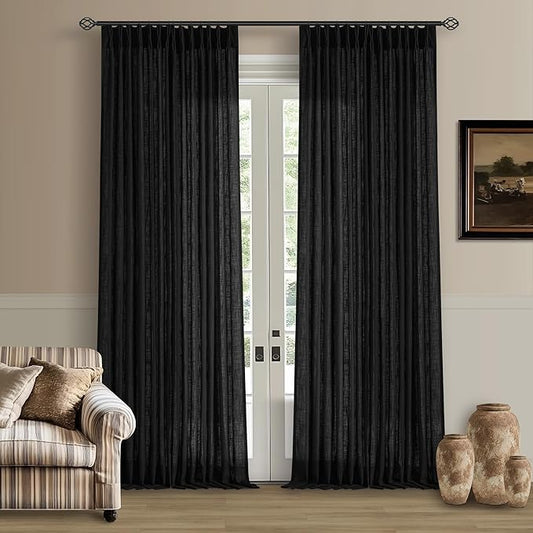 Linen Curtains 108 Inches Long 2 Panels Set for Living Room Farmhouse Boho Linen Textured Pinch Pleated Memory Shape Light Filtering Ceiling Semi Sheer 108 Inch Window Curtain with Hook Rings Black