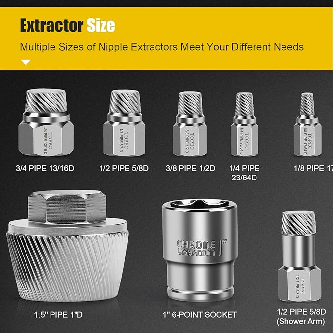 Topec 1.5'' Tub Drain Extractor, 8PCS Pipe Nipple Extractor Set with 1-inch Socket, Remove the Old, Broken, Stubborn, Rusted Drain Tub Bathtub Remover, Strong Grab Plumbing Tools with Storage Case