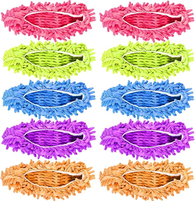 10 Pieces Microfiber Mop Slippers Shoes Cover Soft Washable Reusable Floor Polishing Dust Dirt Hair Men Women Sweeper Cleaning Mop Tool for House Office Bathroom Kitchen, Multicolored 5 Pairs