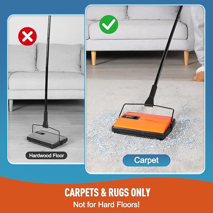 CLEANHOME Manual Carpet Sweeper for Pet Hair - Rotating Brush Floor Sweeper, Lightweight Push Broom for Classroom Rugs, Non-Electric Lint & Crumb Cleaner, Easy-Dump Dustbin, No Batteries Needed