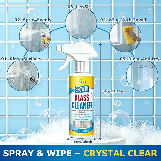 Shower Glass Cleaner – Hard Water Stain Remover & Soap Scum Remover for Shower Doors – Streak-Free Glass Cleaner Spray – For Bathroom Mirrors, Tiles & Glass – 6.8OZ