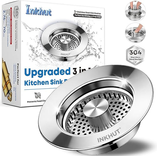 Upgraded 3 in 1 Kitchen Sink Drain Strainer - Stainless Steel Sink Stopper, Anti-Clogging Food Catcher Basket, Sink Bounce Core Drain Strainer Plug for US Standard 3 1/2 inch Drain (Mirror Silver)