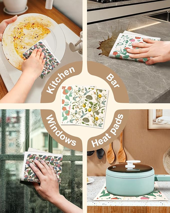 Miss Adola Kitchen Swedish Dishcloths with Hooks - 6 Pack Reusable Dish Cloths for Washing Dishes Fast Drying Cute Fun Swedish Dish Towels Washable Cleaning Sponge, Trees Fruits