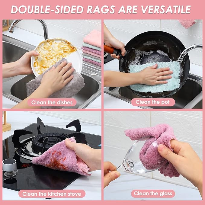 Rachan 11Pack Kitchen Dish Cloths, Reusable Dish Towels, Nonstick Oil Washable Fast Drying, Super Absorbent Coral Velvet Cleaning Cloths for Cleaning Tableware, Kitchen, Bathroom (Pink-purple10 x 6")