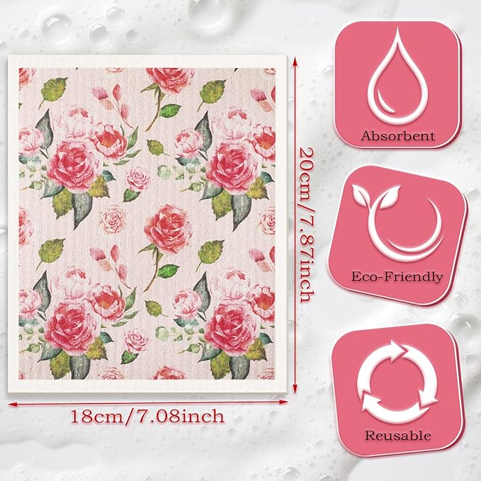 Chengu 6 Pcs Swedish Kitchen Dish Cloths, Absorbent Quick Drying Reusable Cleaning Cloths, Small Flower Pattern Dish Towels for Kitchen Counter, Sink, and Washing Dishes