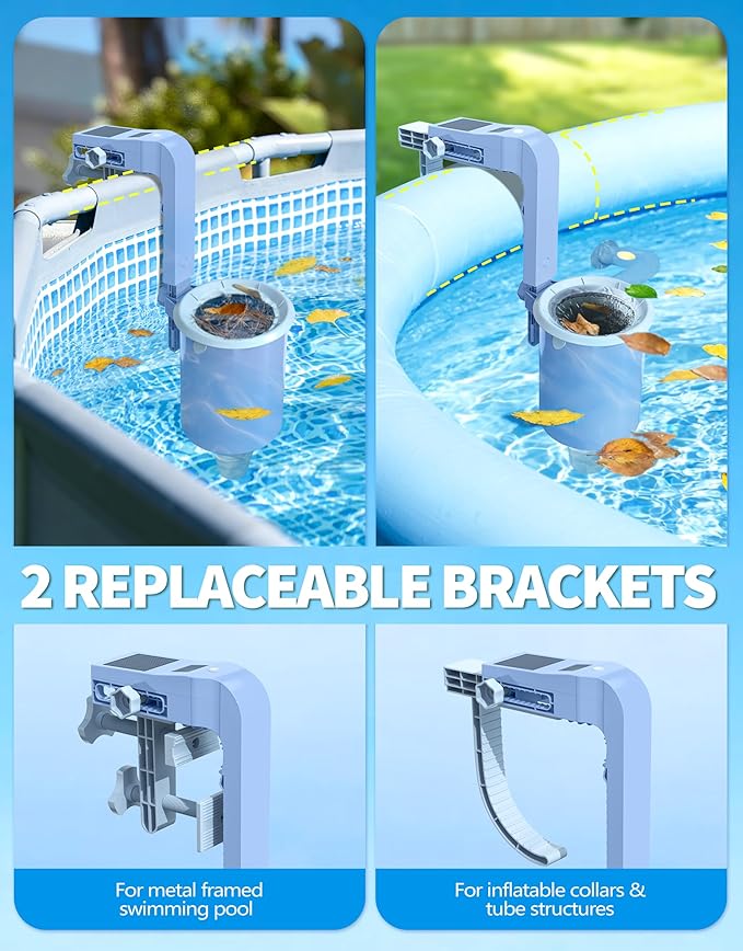 BluSwim Above Ground Pool Skimmer with Solar Digital Thermometer | Wall Mount Surface Skimmer - Auto Skimming Pool Floating Debris | 2 Upgraded Bracket - Stable & Height Adjustable - Purple